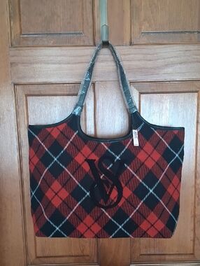 Victoria Secret Red and Black Plaid Tote Bag with Monogram Accent NWT